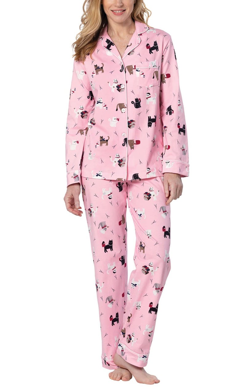 PajamaGram Cotton Womens Pajama Sets - Cat Pajamas for Women, Pink, M / 10-12 - Image 1
